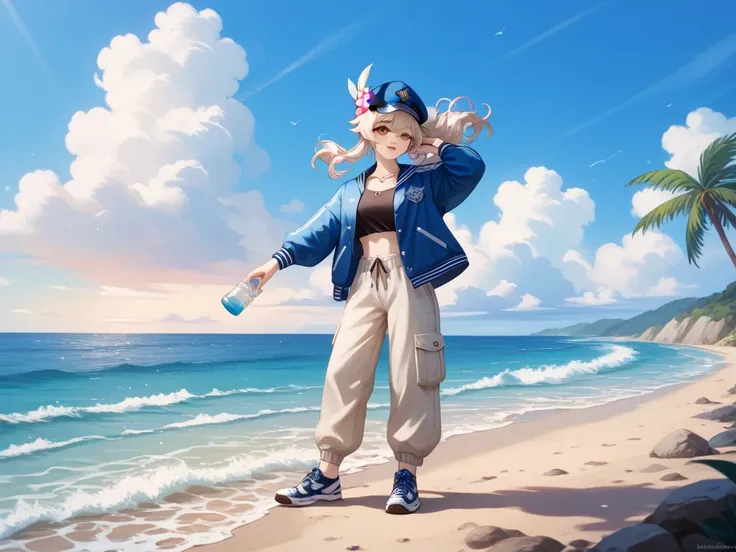 1girl, Klee (Genshin Impact), Create an illustration of a young woman standing on a beach with gentle waves in the background. She has long, flowing hair and is dressed in casual, loose-fitting clothes: a navy blue varsity jacket over a black crop top, bag...