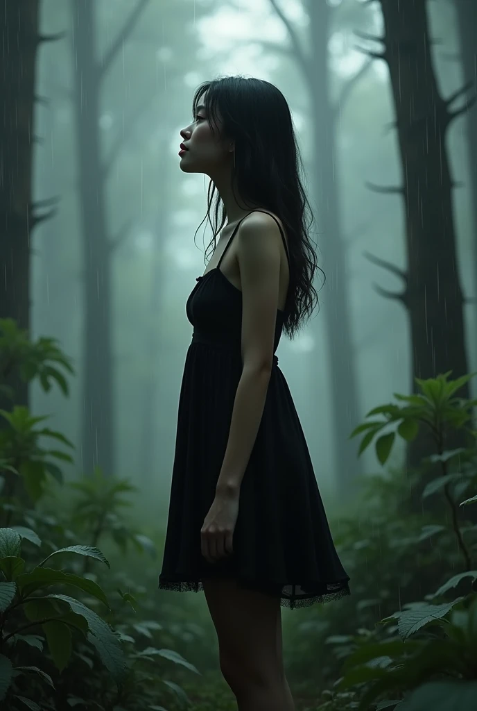 A women in the forest with black dress and its 
Raining on her shes looking up and shes from a side view. The dress is like a mini nightgown . The forest have lots of trees and its a bit foggy. make it as realistic as possible 