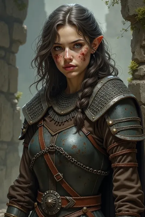 drawing, dungeons and dragons, character portrait, 30 year old female hobbit cleric in chainmail, lots of scars, less cute, 