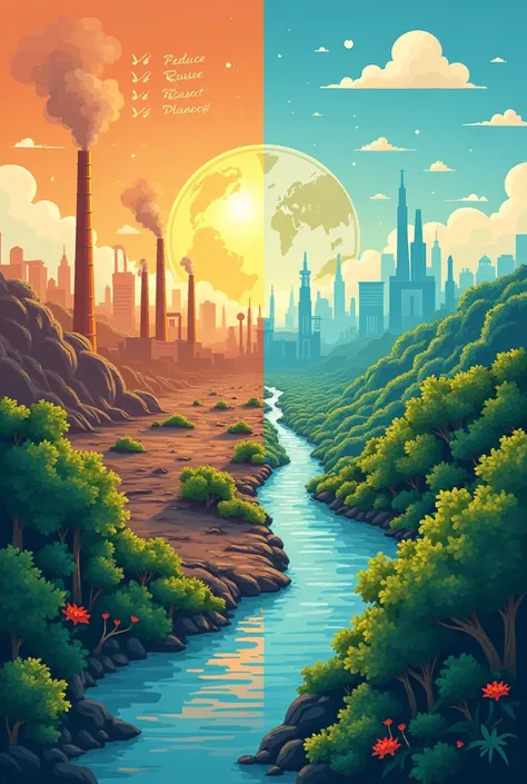 Design a poster that highlights the importance of environmental conservation.
Possible ideas:
 * A divided world: One side showing a polluted, barren landscape, and the other side showing a lush, green, thriving ecosystem.
 * A call to action: A simple, bo...