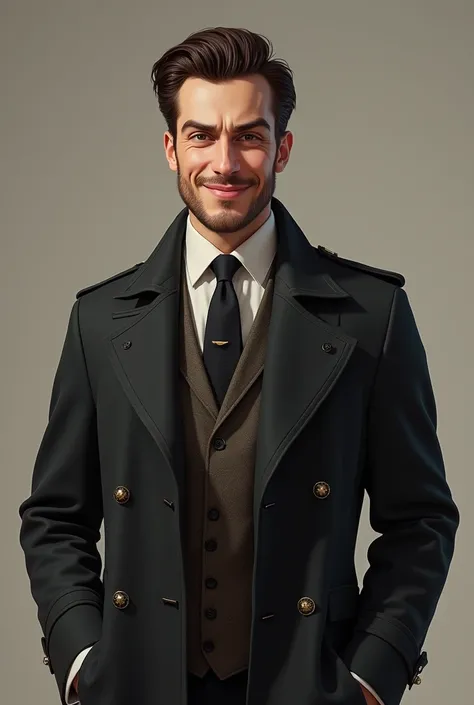 A smirking English man dressed in a coat