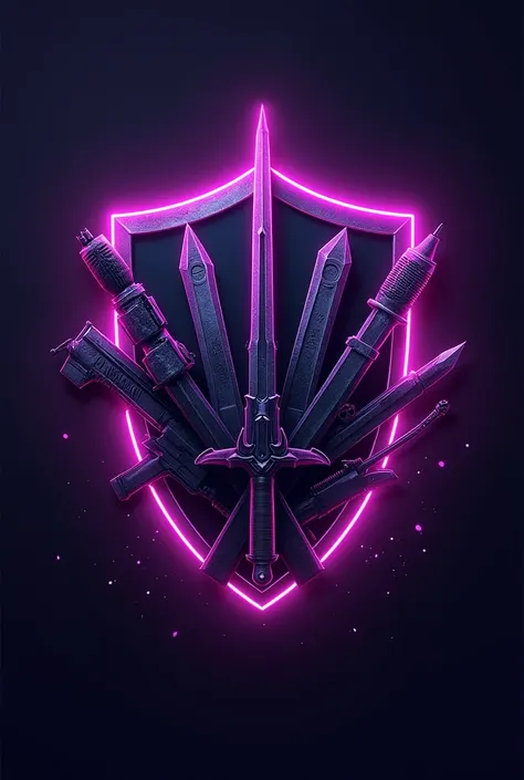 many swords guns grenade shield realistic gaming logo with  purple  neon color 
