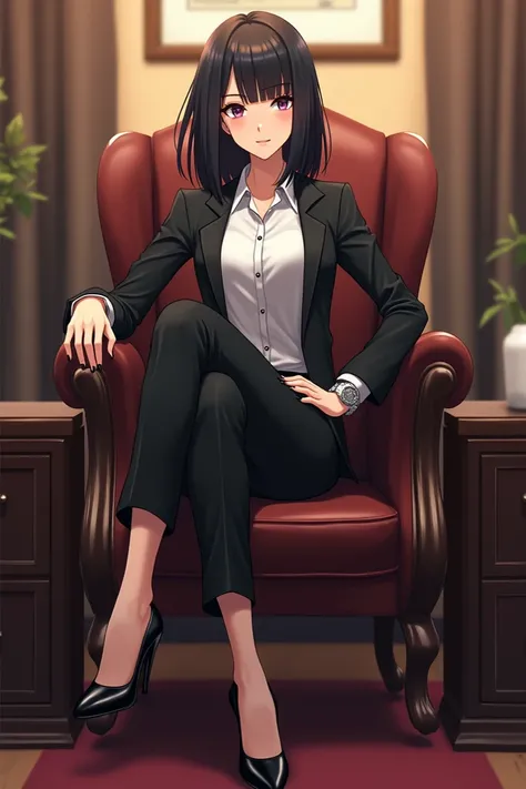 Genarte a bossy woman anime character with white shirt ,black suit ,black formal bottom ,wearing chirsten loubint heels ,layet lob haircut without bangs and with side partition hairstyle ,wearing a black and silver royal watch ,sitting in style ,with suita...