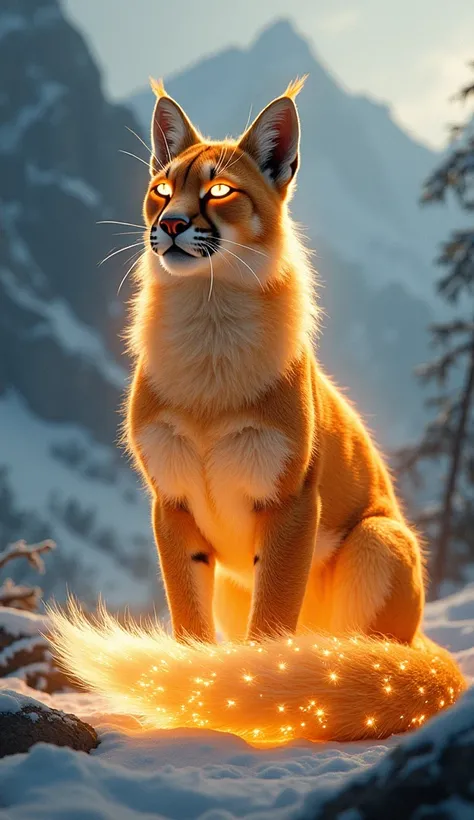 Cougar and Luminous Fox Fusion: A hybrid creature with a strong cougar body and a fox tail that glows with golden light. Its eyes are piercing and illuminate the surrounding landscape. On a snow-covered mountain.4k