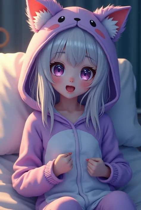  high definition ,  hospital bed ,White Hair、 girl、purple kigurumi pajamas 、 oversized pajamas, White eyeball, masterpiece,  best quality,  textured skin,accurate、night、big hood、Orange lighting 、 open your mouth, Canine、 Very detailed, Pajamas with fox ear...