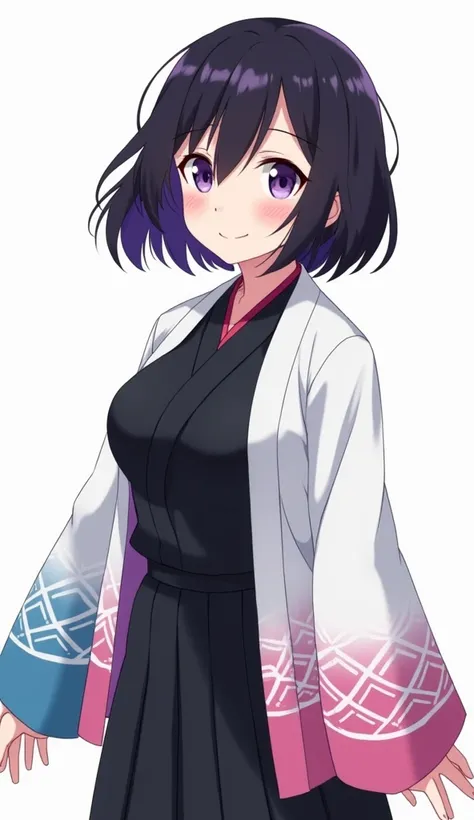 Hyper-Realistic illustration featuring a female character with fair skin and black hair with purple highlights styled in a wavy bob. She wears a white haori with a geometric pattern over a plain black uniform. The haori has a gradient of pink and blue at t...