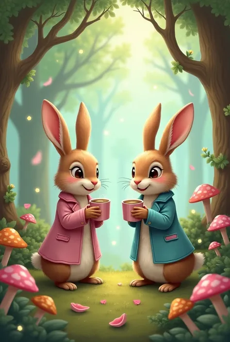 Rabbit and rabbit dressed in very cute coats drinking coffee in enchanted forest 