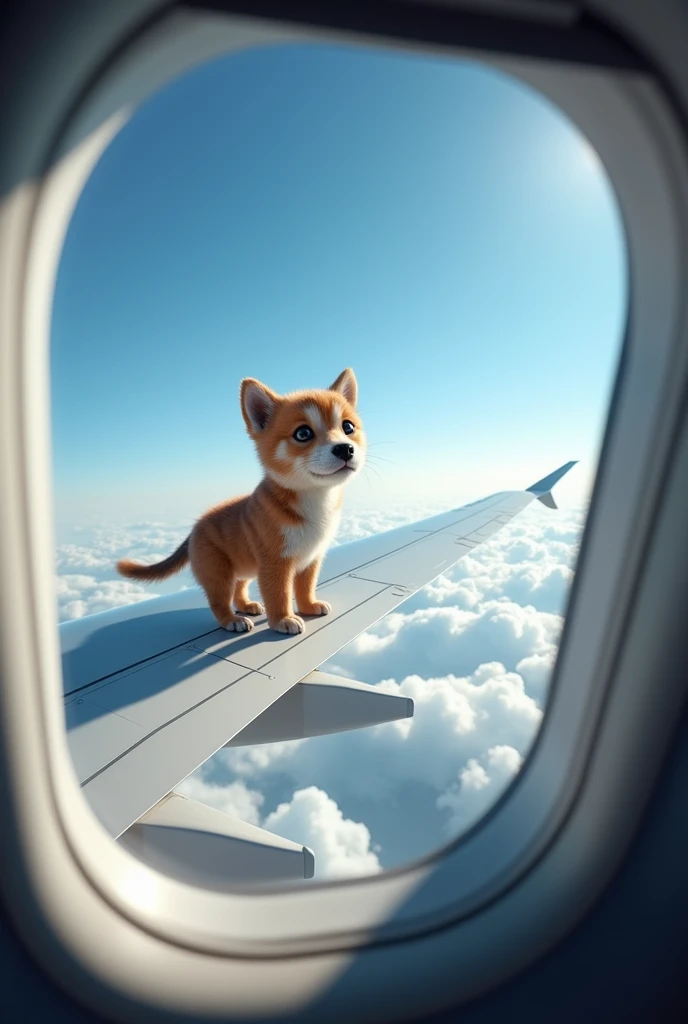 A surreal and humorous scene viewed through an airplane window, showing a cute dog standing on the wing of a flying airplane. The dog tiger  is positioned confidently as if balancing effortlessly, with a backdrop of a bright blue sky filled with fluffy whi...