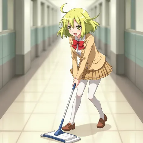  girl、 College Student 、Yellow-green hair、Beautiful Hair、uniform、 beige blazer to mop、 red bow on chest 、 small breasts、White tights、corridor、cleaning、モップをかける、 illustration style