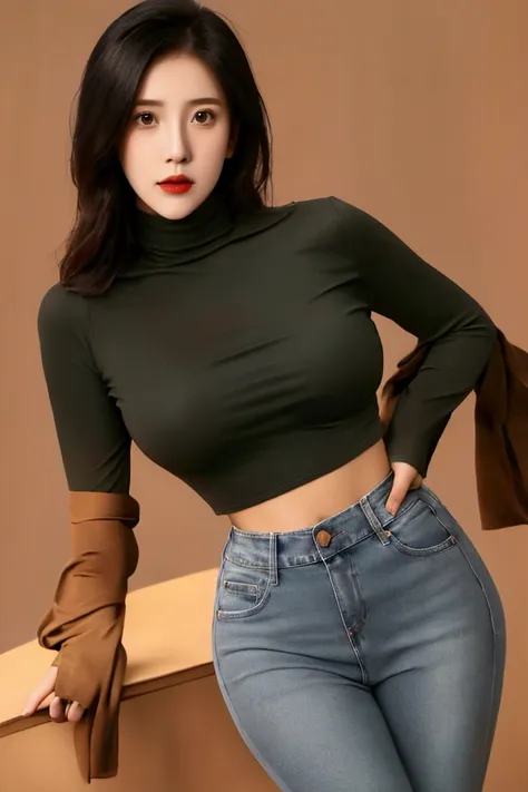 A girl of 24year wear a jeans and a red turtleneck crop top. 