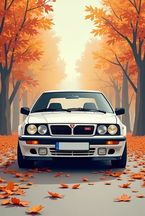 Magnifique Lancia Delta, toute blanche, 1992,vue de face,design graphic vintage, beaucoup de détails, image vectorielle, très réaliste,  arrière-plan automne abstrait, 