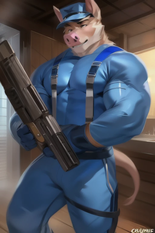   alone  , Male tall , ยืนอยู่ริมถนน Holding a long gun., pig,   blue military spacesuit, Overload  ,   muscles bound  , silent​, by chunie  