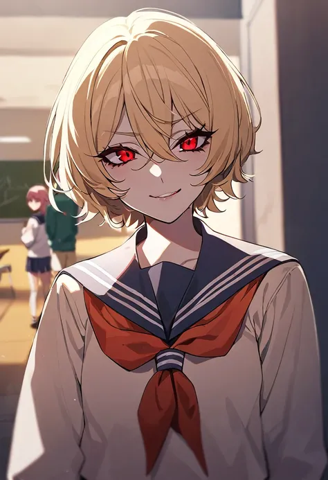 Girl, trans, trans girl, M to F, school, highschool, sailor girl, short gold hair, red eyes, sadist, psycho, slightly smiling, small smile, slight blood