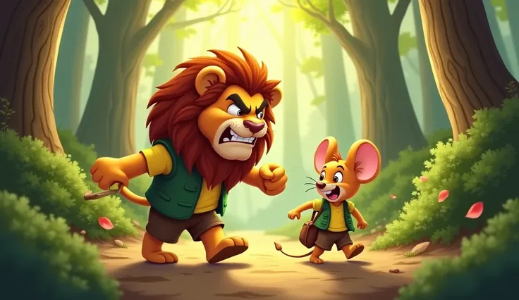 The lion was very angry walking behind the little mouse. The mouse was wearing a yellow t-shirt, green vest, brown shorts, carrying a brown bag. The background was tall trees, green bushes, and sunlight shining through the gaps in the leaves in the middle ...