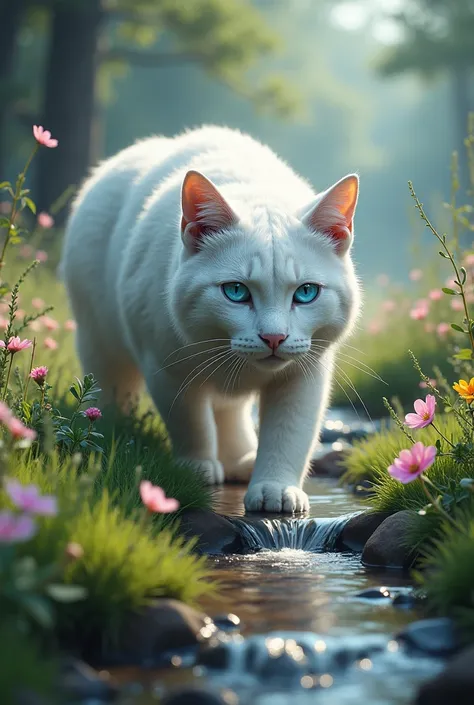 IMAGE RÉALISTE : un chat adulte au poil blanc épais et au yeux bleus comme locéan qui se tient en position de chasse, a laffût, dans une belle clarière avec des fleurs magnifique et un beau petit ruisseau 