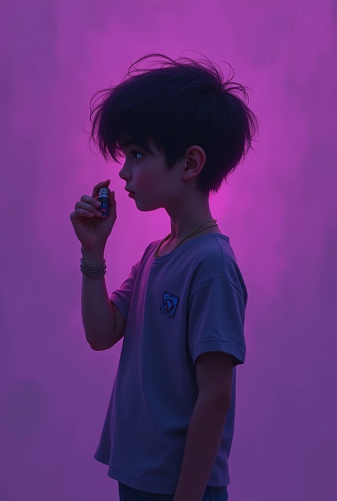 A side picture of a boy wearing casual clothes in just purple background covering his face with something in his hand..make the picture like an art