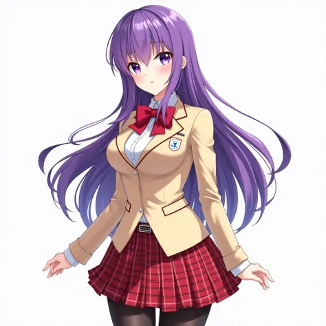  girl、 College Student 、Purple Hair、Beautiful Hair、uniform、 beige blazer to mop、 red bow on chest 、 Big Breasts 、 red check skirt 、tights、 illustration style