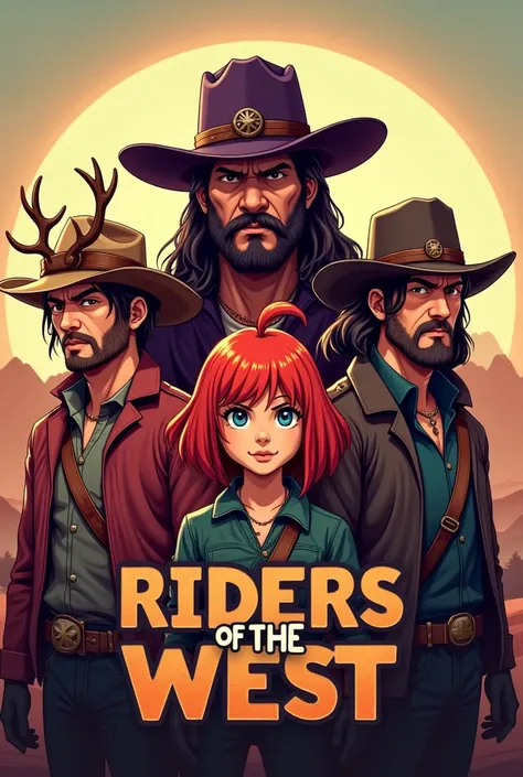 Logo for grown people western band who has red haired short girl, a person with deer hat, Chinese guy short, tall men named Spartacus, wearing dark purple, name of the band Riders Of The West