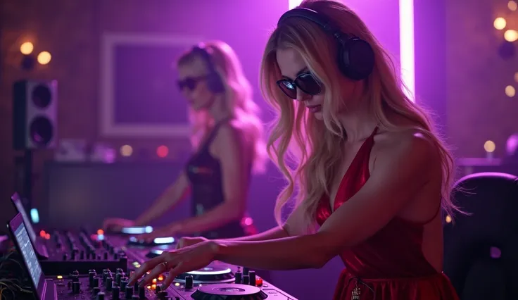  Britney Spears ,  DJ headphones at the DJ remote .
she has big breasts, GGGG  . 
 She is wearing .  She is wearing sunglasses  , 
 she is wearing a shiny red neckline mini dress with a slit ,  black stockings ,  her sister is standing next to her  ,  DJ h...