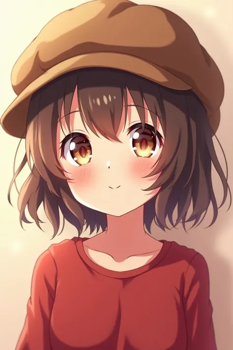 A anime girl wearing a brown hat and with red shirt