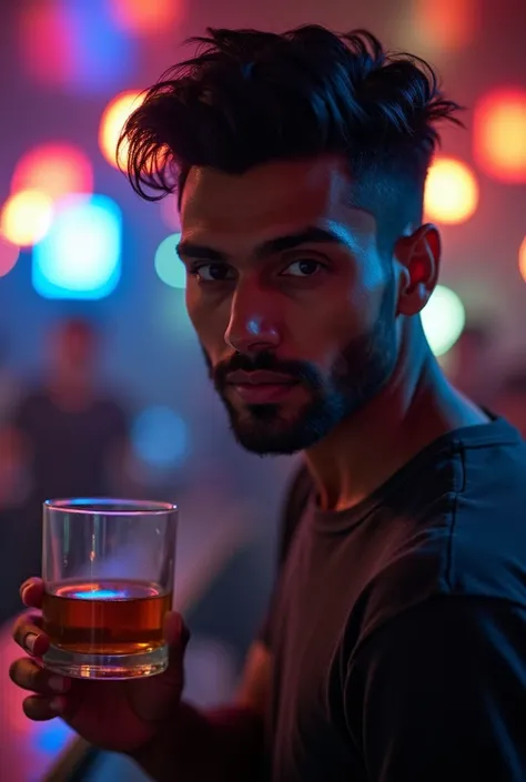 a handsome man of very fair skin indian with casual tshirt clothes holding a whiskey glass in a club with lights in background closeup
