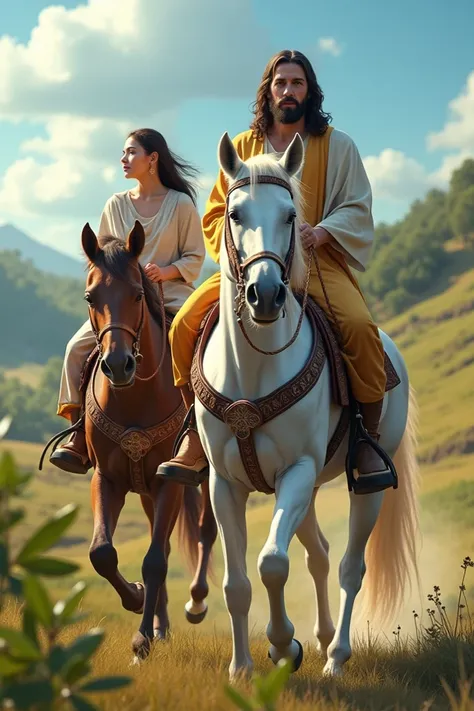 Realistic image of Jesus riding on a beautiful white caboclo adorned with leather and a woman on the side riding another horse side by side 