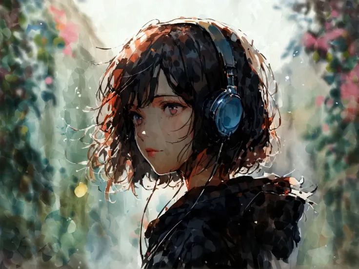 masterpiece,最 High Quality , super detailed, High definition background ,8k, High Quality ,Japanese manga style, sketch, Watercolor colors,lonely,[A single girl wearing headphones]