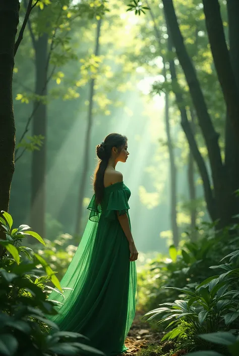 a beautiful woman in the middle of the forest, wearing a green kebaya, facing back