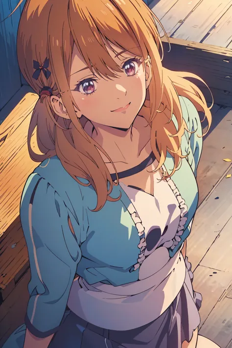  concept art, anime style, Dutch angle, 1girl, solo, smiles, chest, masterpiece, anatomically correct, accurate, super detailed, best quality, lower from the top of the hill, simple background, background blur,