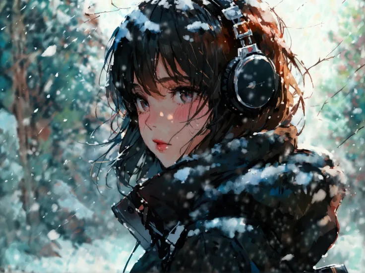 masterpiece,最 High Quality , super detailed, High definition background ,8k, High Quality ,Japanese manga style, sketch, Watercolor colors,Snow Scene,[A single girl wearing headphones]