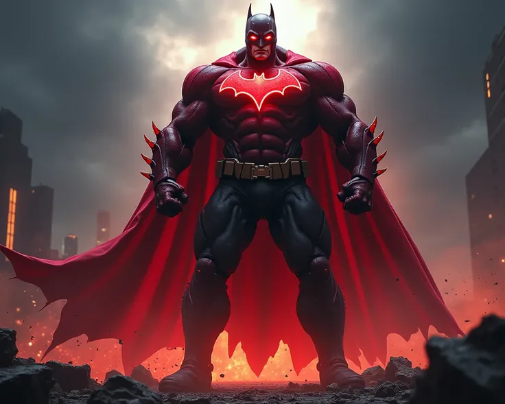 Create a realistic image of the “Fleshman,” a monstrous fusion between the Flash and Batman. This character has a muscular build and deep red skin, combining the speed of the Flash with the dark aesthetic of Batman. He wears a costume that combines Batman’...