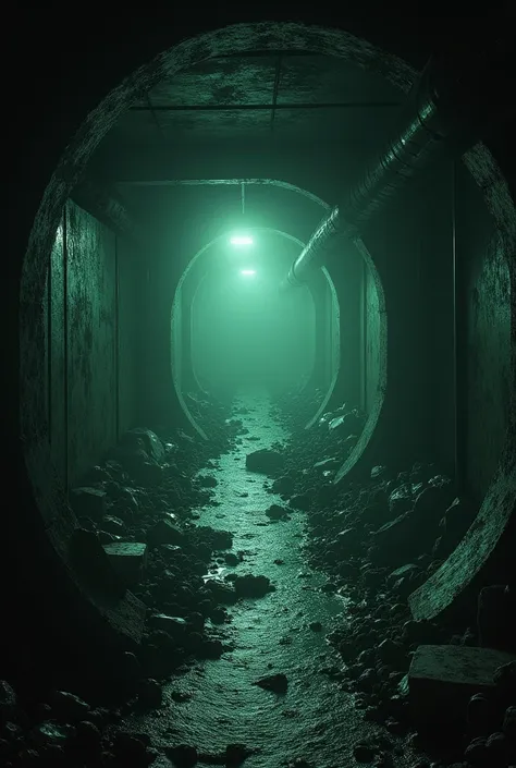 Dark overfloated narrow angled and rubbish sewer with weak greenish threatening lighting from the ground, no Lightning from above, grim, realistic,  high resolution, cyberpunk 