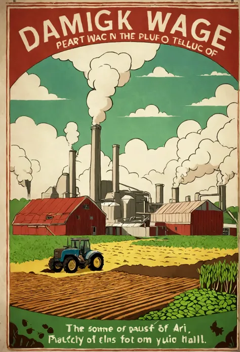 make me an animated poster about the environmental damage caused by liquid waste and air waste of a factory that has a very bad impact on the agricultural sector ,  and on the poster show the angry peasant folk and try to demo the polluting plant and add s...