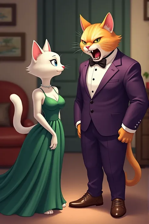 A white female cat wearing green long dress standing in home and talk to mascular bodybuilder male cat wearing purple suit make open mouth and angry he is