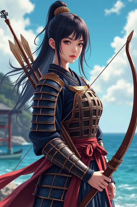  best quality,  greatest masterpiece,  highest resolution， (Samurai Armor), （Seaside_background），Bushi， woman holding a bow and arrow，Japanese， Anime Style , Tsuyoshi Nagano Style， Nobunagas Ambition Illustration Style，（4K）, Alone， ((whole body)) ，  lookin...