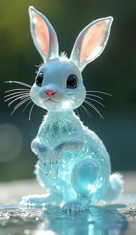 “A delicate rabbit, its body included face and tail whole body resembling transparent glass filled with flowing, crystal-clear water, water is dripping from the body like liquidate, glowing softly in the sunlight.”