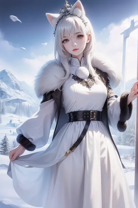 Beauty with wolf skin on her head、Snow、Wild Wolf、snow、fur coat