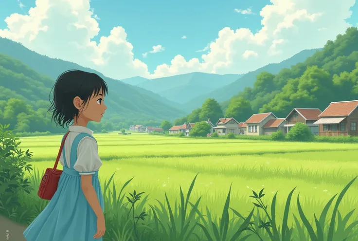  In a small village with lots of green rice fields, she is Rina .  She is a  girl  ( wearing a sky blue dress with side view) who lives with her grandmother .  Rina has to sell traveling cakes to finance her life with her sick grandmother.