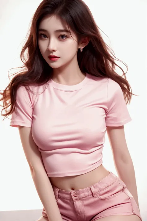 A girl of 22 years wear a pink top and white shorts 