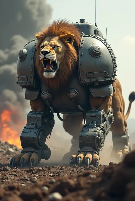 
A monstrous hybrid of a lion and a tank, with the body of a fierce lion and the heavy metal armor of a tank, its claws and treads tearing through a ruined battlefield. Flames and smoke billow in the background as the creature roars, causing the ground to ...