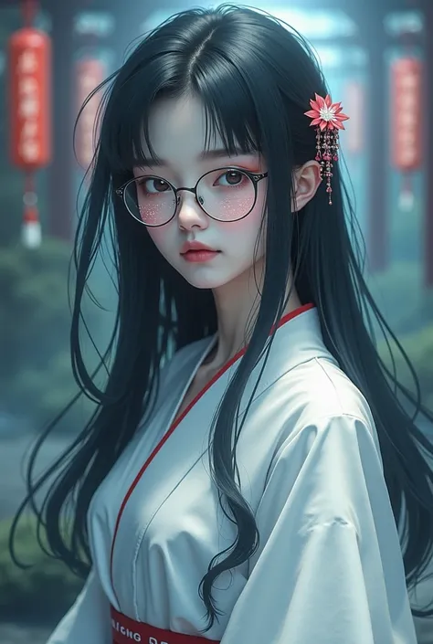  beautiful woman with glasses ，Beautiful Shrine Maiden， white skin，Light white clothes ，Beautiful Shrine Maiden with glasses，Mysterious Woman， long black hair ， face up， high definition ，Idol-class beautiful woman ，