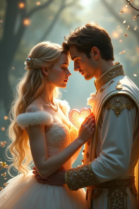 Cinderella with a heart in her hand and with her prince