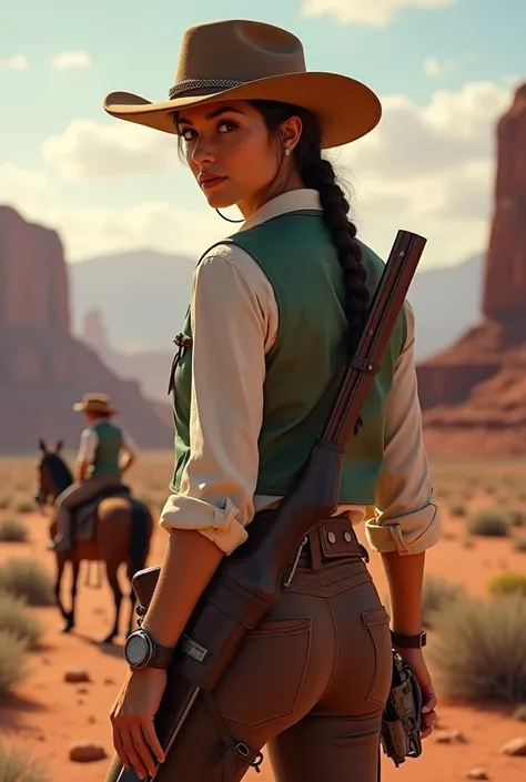  A western-style woman in an arid setting ,  wearing wide-brimmed brown hat , braided hair, white shirt, green vest and tight pants . She is on her back looking back and holds a revolver in one hand and carries a rifle on her back..  The background shows a...