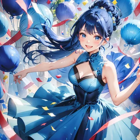 (blue bouquet 、 one girl with dark blue hair 、 evening dress、 high knot ponytail、Happy smile)、( simple background、confetti ,celebration),watercolor