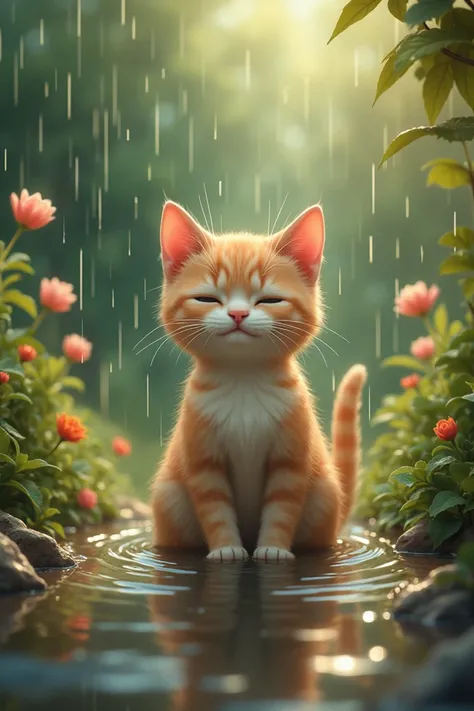 Make a picture of a cat bathing in the rain 