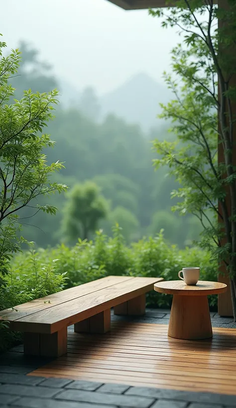 Long sitting bench outside the house,table with cup of cofffee,attractive floor,small green trees,dark day