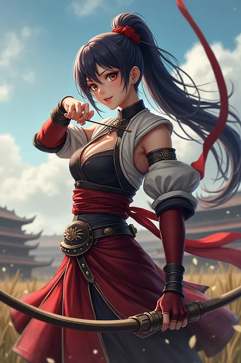  best quality,  greatest masterpiece,  highest resolution， (hentai), （battlefield_background），Barbarian， woman holding a bow and arrow， Anime Style , Tsuyoshi Nagano Style， Nobunagas Ambition Illustration Style，（4K）, Alone， ((whole body)) ，  looking at the...