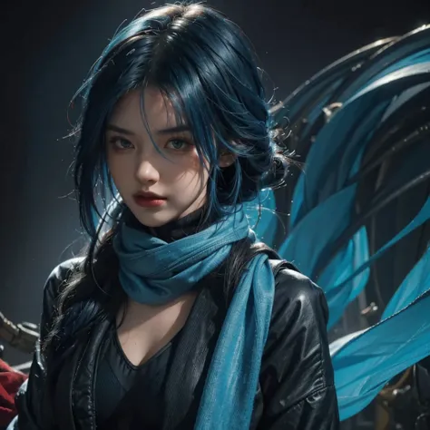 girl with long, wavy azure blue hair in a black body suit with a red scarf, alluring portrait, intricate, highly detailed, digital painting, artstation, concept art, naughty, sharp focus, cinematic lighting, illustration, art by artgerm and greg rutkowski,...