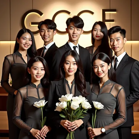 Professional photography featuring 5 beautiful Indonesian girls ,and 3 handsome Korean men,  is posing with focused eyes on the camera , with a matching smile,  carrying flowers ,  in a luxurious office room with the words  "GCE " , wearing matching formal...