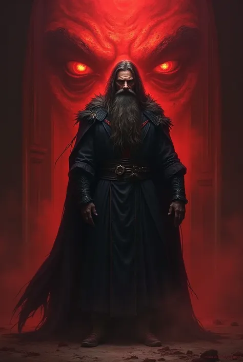    A man with a long beard ,  a black sorcerer in a room where Satan reigns, Demonic eyes in the background  , hellish red background 
